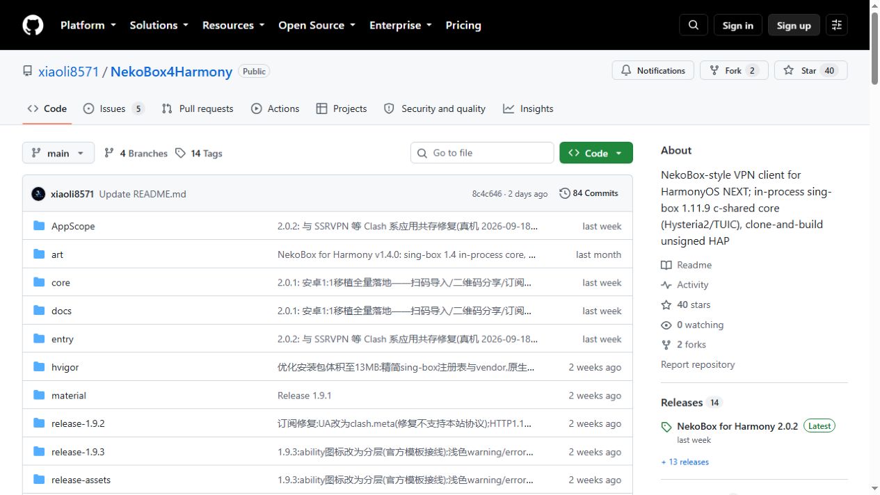 NekoBox for Harmony · 官方项目仓库概览实拍(非客户端界面)